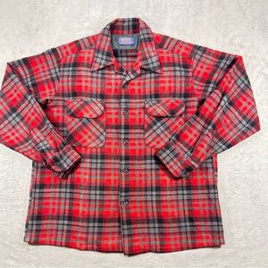 Rare Vintage 70’s Pendleton Flannel Board Shirt Size Large Red & Grey💯 Wool USA